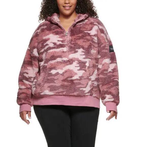 NWT Calvin Klein Camo Sherpa Pullover Jacket. Plus Size 1/2 Zip Pink Hooded 1X - Picture 1 of 2